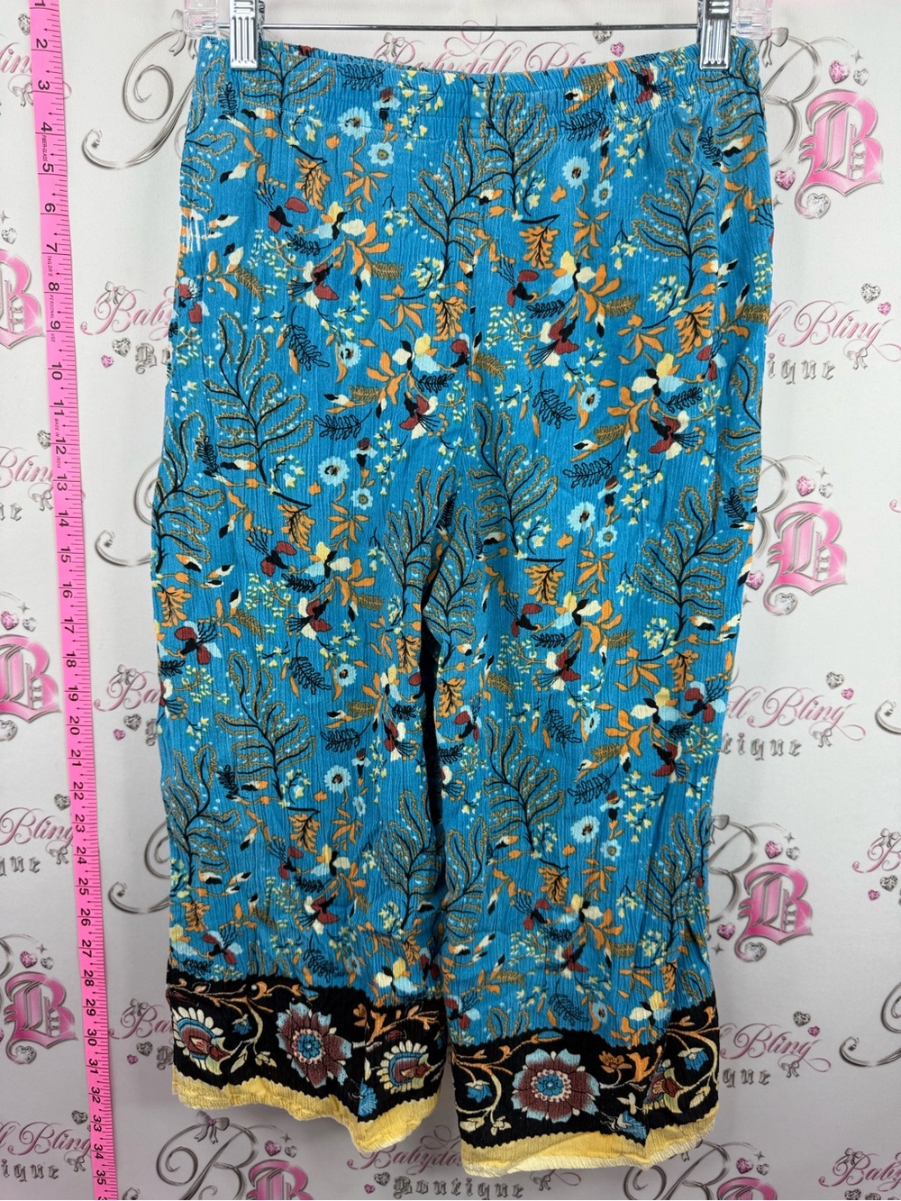 PAPA VANCOVER pants capri Blue Floral Wide-Leg Pull-On Pants with Border Hem